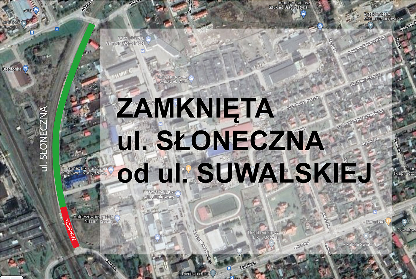 Uždaryta Słoneczna gatvė nuo Suwalska gatvės
