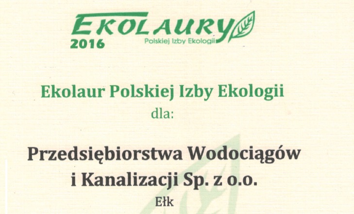 „Ekolaur Polskiej Izby Ekologii” dla ełckiego PWiK Sp. z o. o.